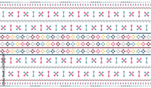 Embroidered pattern Vector illustration. Blue, burgundy and pink stitch on white background. Abstract stitch pattern in Thai hill tribe style. Idea for printing on fabric, cloth design or wallpaper.