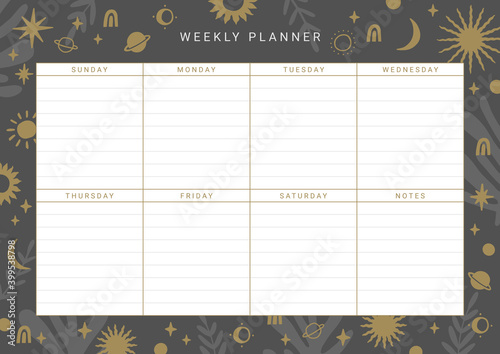 Weekly Planner Template. Stationery organizer for daily plans. Modern boho design. Vector.