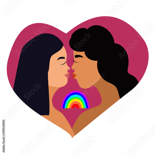 Vector illustration lesbian couple. Cartoon character woman lesbian. Love card lesbian, wife and wife. Homosexual couple