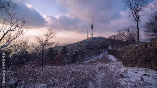 Time lapse 4k Winter snow of Seoul at namsan mountain in South Korea.