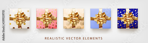 Collection of gift presents with golden foil bow. Set of 3d realistic gift boxes with pattern white, pink, beige, blue colors.