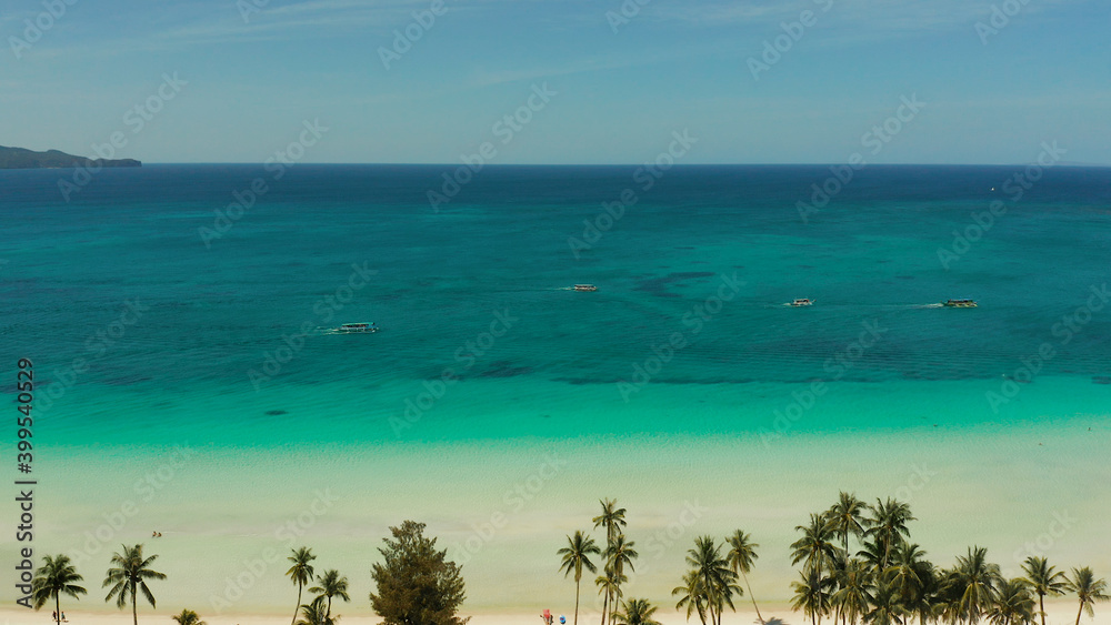 Tropical sandy beach with wave and turquoise water,copy space for text, aerial view. Ocean with waves and tropical beach. Summer and travel vacation concept