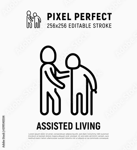 Caregiver with elderly person. Thin line icon. Assisted living in nurse house. Geriatric medicine. Pixel perfect, editable stroke. Vector illustration.