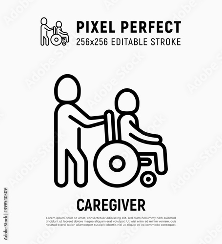 Caregiver with elderly person in wheelchair. Thin line icon. Assisted living in nurse house. Geriatric medicine. Pixel perfect, editable stroke. Vector illustration.