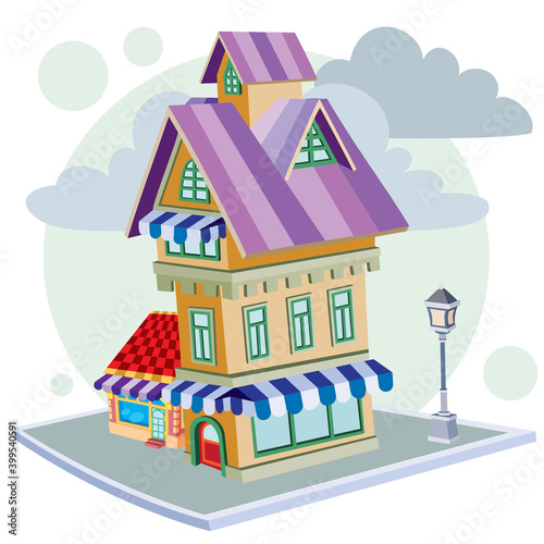 retro house with a folet roof and with a lantern standing next to it on the street, isolated object on white background, vector illustration, © Oxana Kopyrina