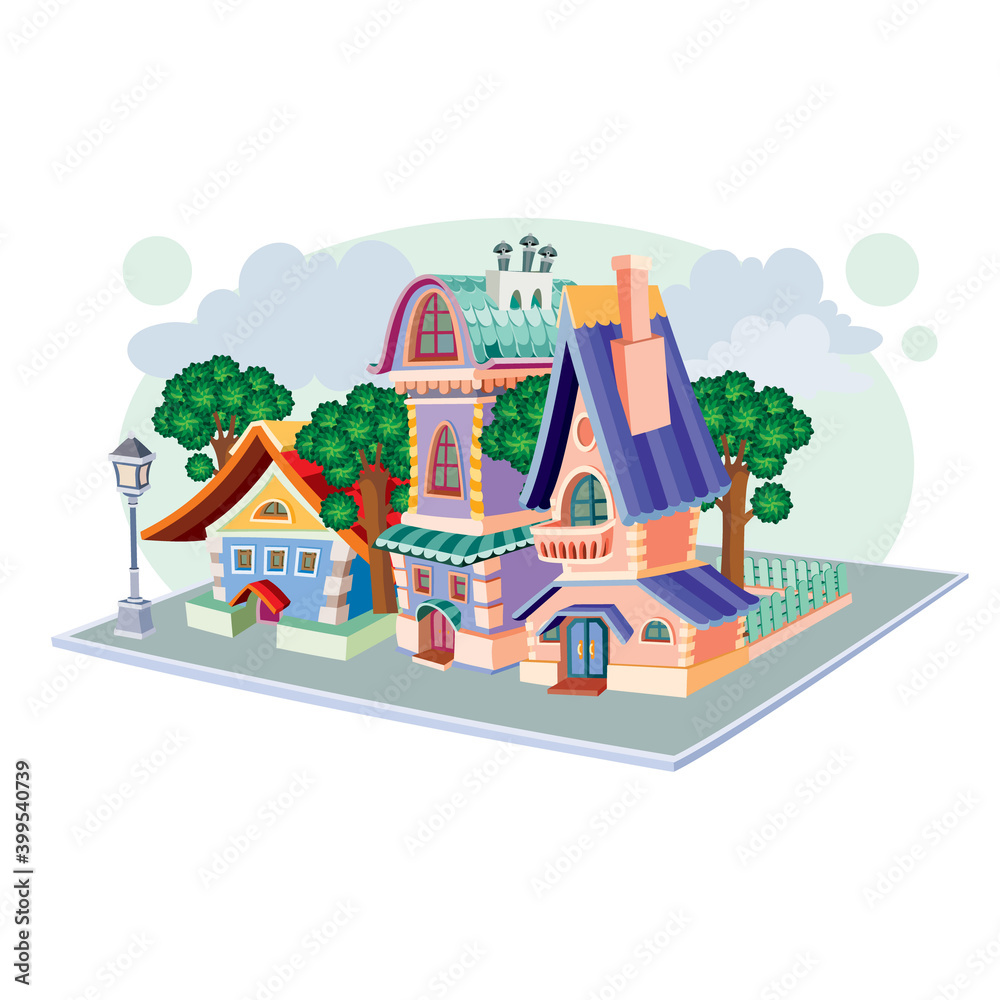 residential quarter of three retro houses and a street lamp, isolated object on white background, vector illustration,