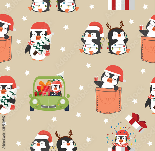 Cute penguins cartoon Christmas seamless pattern