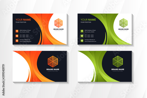 Abstract modern Business card Design Template with curve element use orange and green colors in white and dark blue background. horizontal layout with square icon. 