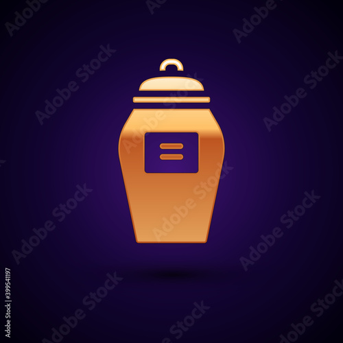 Gold Funeral urn icon isolated on black background. Cremation and burial containers, columbarium vases, jars and pots with ashes. Vector.