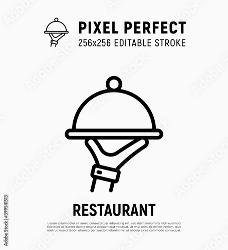 Food service thin line icon: cloche in waiter's hand. Pixel perfect, editable stroke. Vector illustration of restaurant delivery.