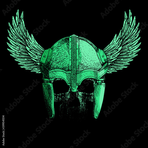 Vector illustration for human skull t-shirt with viking helmet whit wings on black background