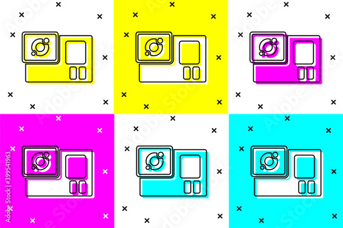 Set Action extreme camera icon isolated on color background. Video camera equipment for filming extreme sports. Vector.