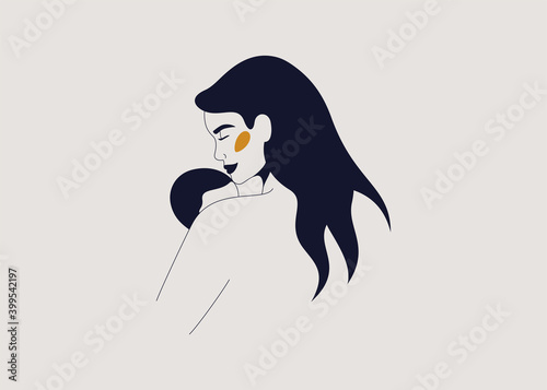 Silhouette of mother holds her baby son or daughter in her arms. Young woman kisses her child and snuggles him. Festive vector illustration