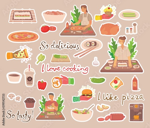 Young boy and girl cooking in the kitchen at home. Cooking stickers vector concept icons