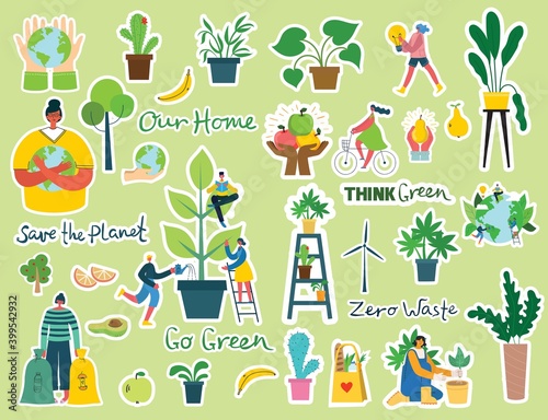 Set of eco save environment stickers pictures. People taking care of planet collage.