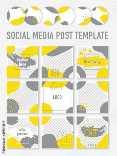 Set abstract account art background story grey yellow color icons.Circle logo watercolor and square endless photos for social media stories.Design element for beauty shop, bloggers and social media.
