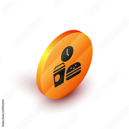 Isometric Fast food time icon isolated on white background. Orange circle button. Vector.