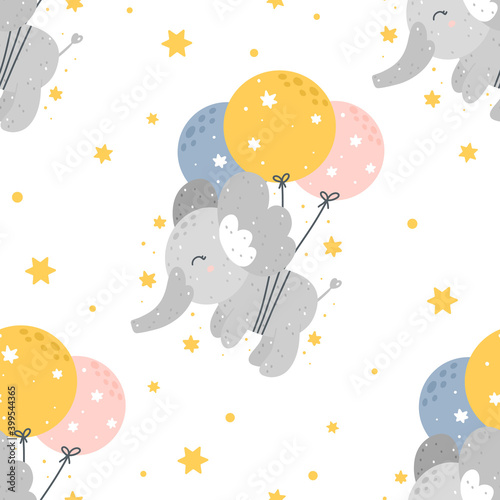 Cute childish seamless pattern with flying elephants with balloons, stars and abstract dots isolated on white background. Hand drawn Scandinavian style vector illustration.