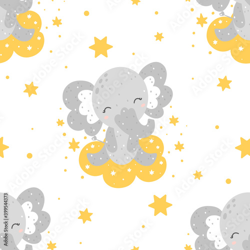Cute childish seamless pattern with baby elephant sitting on a cloud with stars and abstract dots around. Hand drawn Scandinavian style vector illustration.