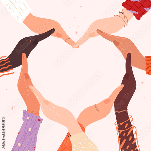 Multiracial hands forming a heart with copy space inside. Concept of charity donation, sisterhood, society, support, healthy life, compassion, love, peace. Vector illustration for Valentine's day