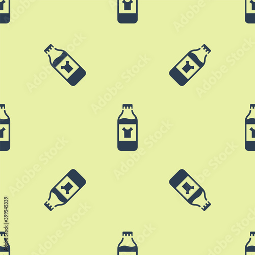 Blue Plastic bottle for laundry detergent, bleach, dishwashing liquid or another cleaning agent icon isolated seamless pattern on yellow background. Vector.