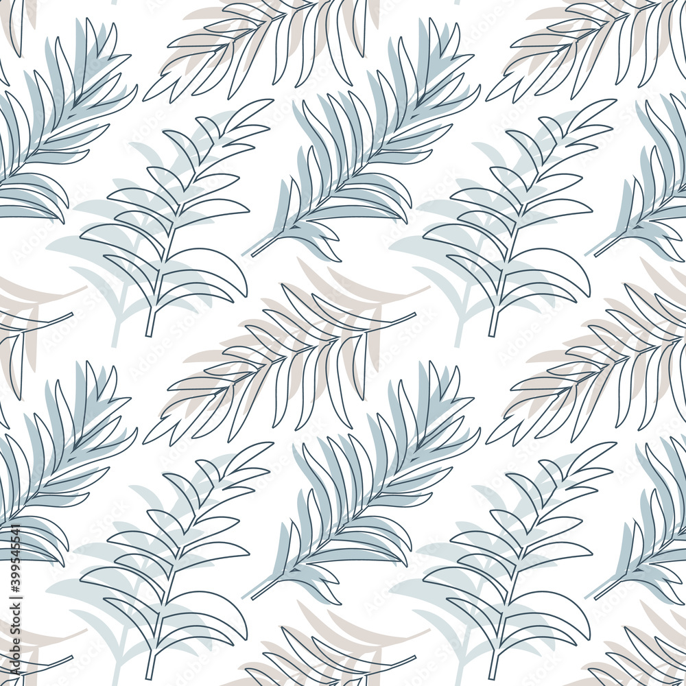 Seamless pattern with Palm tree and tropical leafs on white, Exotic floral design element, foliage. Summer graphic. Jungle nature. Vector EPS 10 illustration