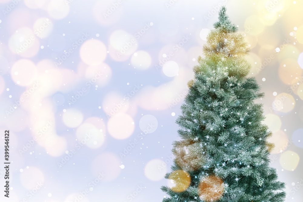 Beautiful Christmas tree on light background, space for text. Bokeh effect