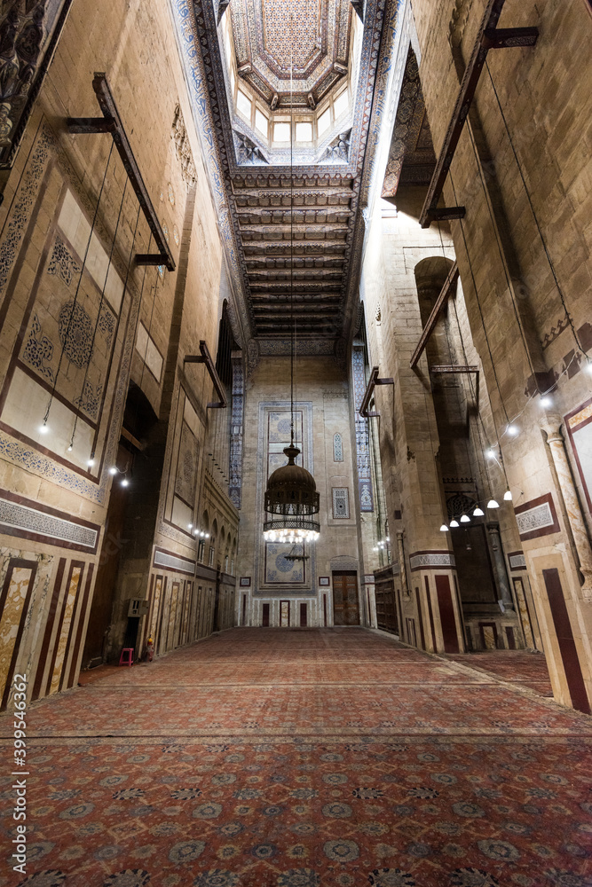 Interiors of the Mosque of Al Rifai (Al-Refai, Al-Refa'i or the Refaai Mosque), adjacent to the Cairo Citadel in Egypt, opposite the Mosque-Madrassa of Sultan Hassan