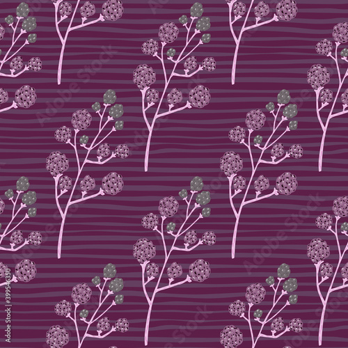 Seamless pattern with decorative hand drawn blackberry ornament. Purple print with striped background.