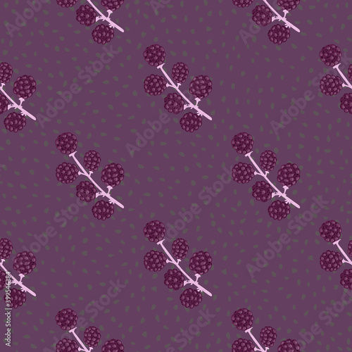 Berry seamless food pattern with blackberry ornament. Purple colored backdrop. Simple heathy print.