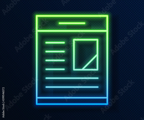 Glowing neon line Newspaper advertisement displaying obituaries icon isolated on blue background. Vector.