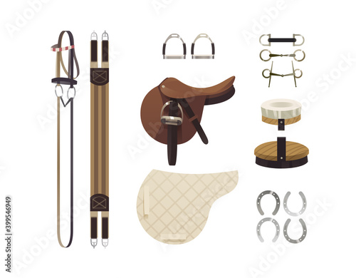 Equestrian grooming tools and horse back riding essentials, equipment set, horse riding gear and accessories
