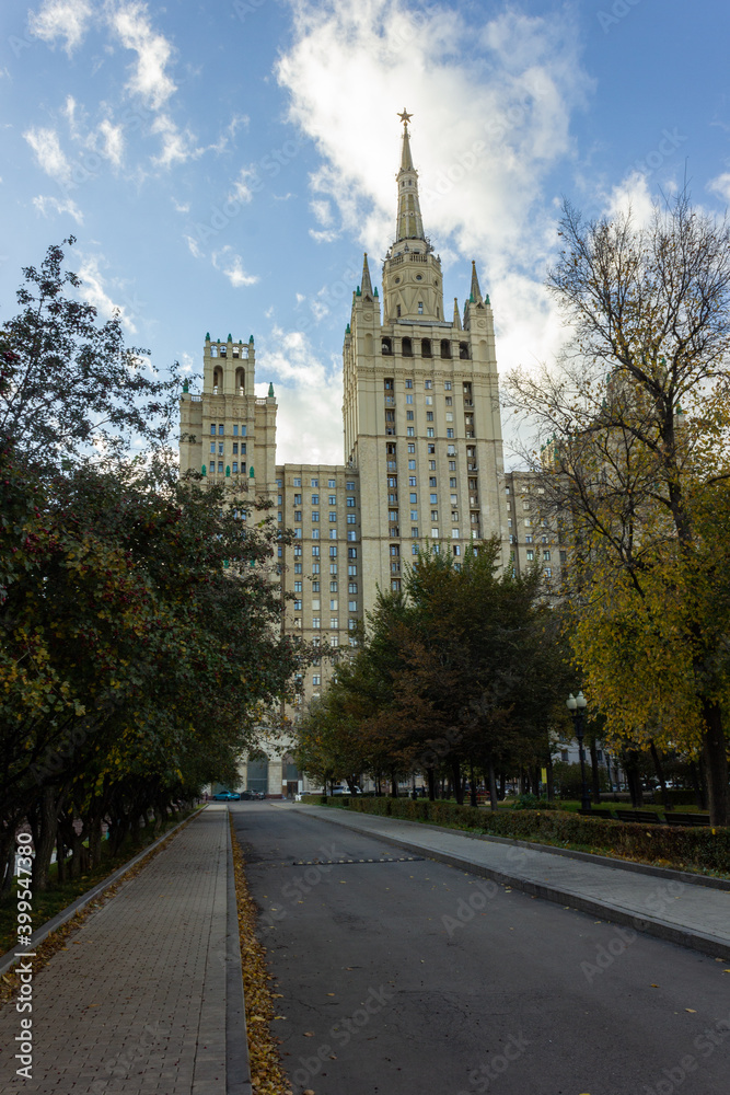 Russia, Moscow - 15.10.2020: One of the seven Stalinist skyscrapers. Residential building on Kudrinskaya Square (Vosstaniya Square). Russia, Moscow - 15.10.2020: One of the seven Stalinist skyscrapers. Residential building on Kudrinskaya Square (Vosstaniya Square).