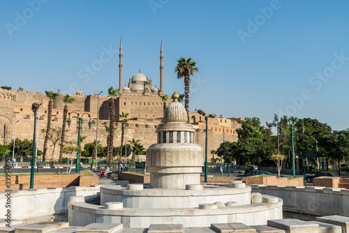 Fototapeta Fountain in Salah El-Deen square and Mosque of Muhammad Ali Pasha or Alabaster M