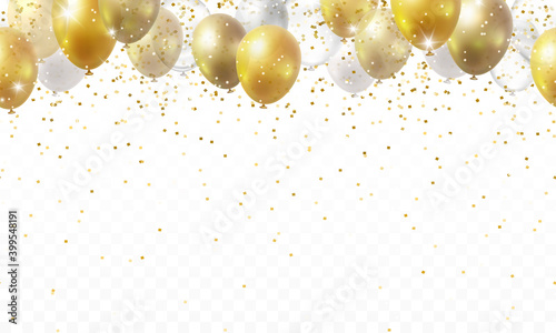 Balloon seamless border with shiny gold glitter and confetti isolated on transparent background. Vector realistic golden festive 3d helium baloons banner for anniversary, birthday party design