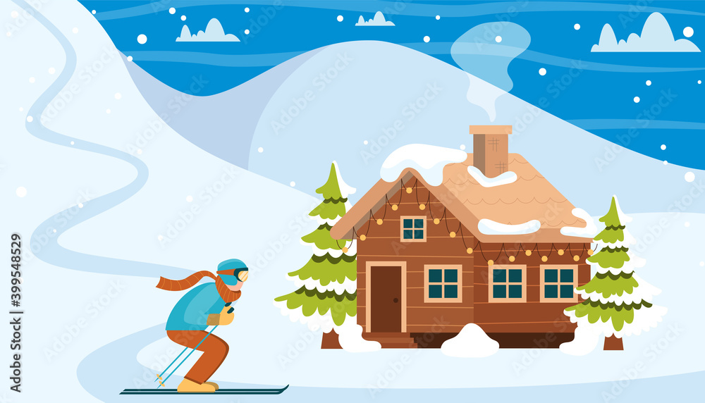 Cartoon winter ski resort landscape scene with wooden house, pine trees and snow mountains. vector illustration Cartoon winter ski resort landscape scene with wooden house, pine trees and snow mountains. vector illustration