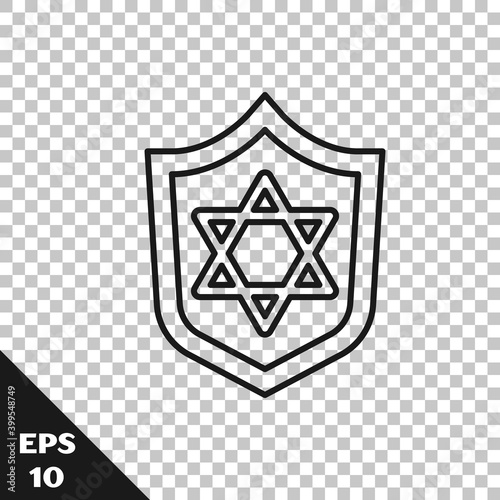 Black line Shield with Star of David icon isolated on transparent background. Jewish religion symbol. Symbol of Israel. Vector.