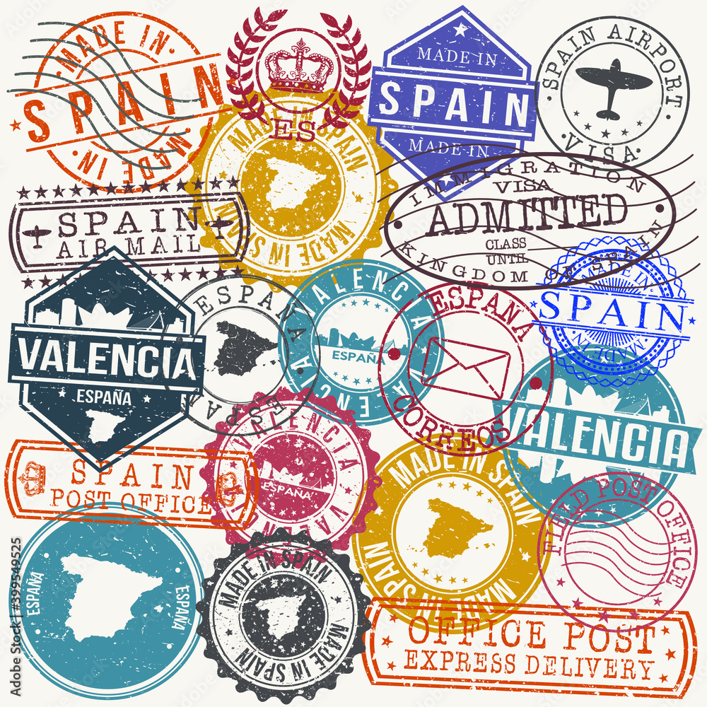 Valencia Spain Set of Stamps. Travel Stamp. Made In Product. Design Seals Old Style Insignia.