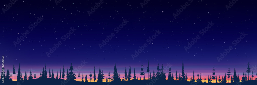 Fototapeta premium Forest on the horizon and stars in the sunset sky. Vector illustration. 