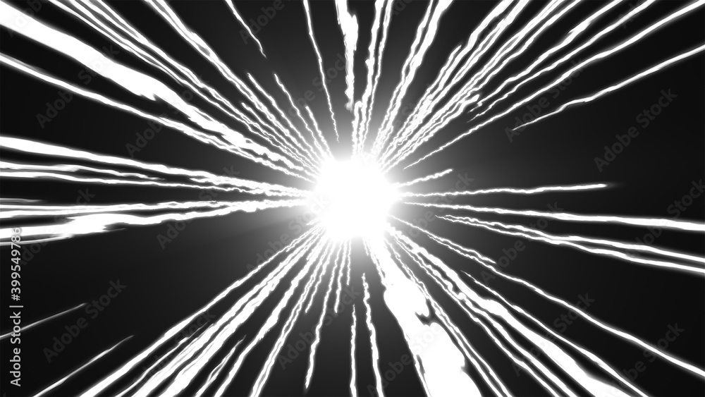 Computer generated fast flight of colorful light stripes from the upper side. 3d rendering abstract background with energy flow and long rays Computer generated fast flight of colorful light stripes from the upper side. 3d rendering abstract background with energy flow and long rays