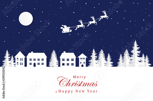 Winter landscape with houses and trees. Santa Claus on the sky in winter season. Merry Christmas and Happy New Year. paper art design. Snow man. Vector EPS 10.