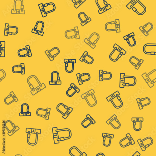 Blue line Bicycle lock U shaped industrial icon isolated seamless pattern on yellow background. Vector.