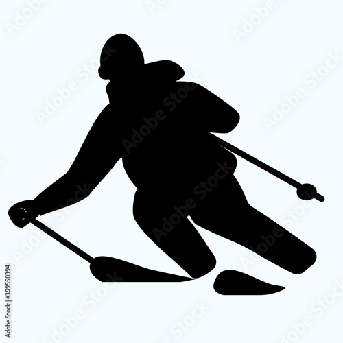 Skier, downhill - isolated, black on white background - vector. Winter sport.