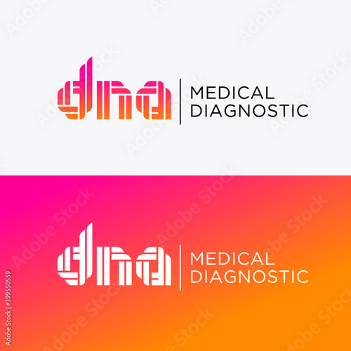DNA medical diagnostic logo. D, N, A  letters consist of double ribbons or strips. Logo can used for biotechnology center, laboratory, reproduction clinics. 