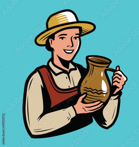 Beautiful woman holding a clay jug. Drink concept vector