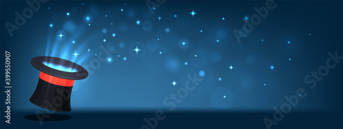 Magician's cylindrical hat with lights. Horizontal banner.
