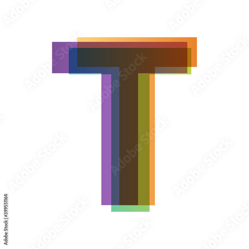 Letter T in overlay color transparency style isolated on white background. Alphabet folded from different retro colors. Jpeg illustration