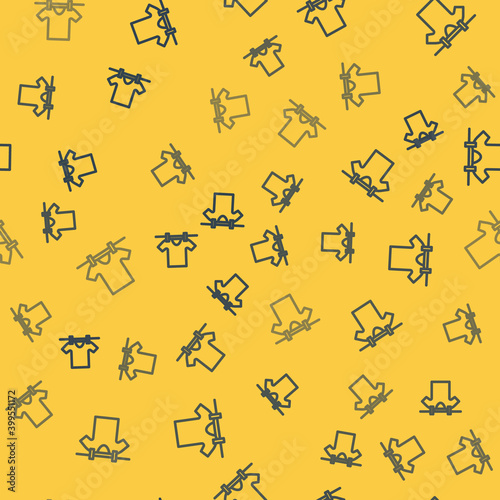 Blue line Drying clothes icon isolated seamless pattern on yellow background. Clean shirt. Wash clothes on a rope with clothespins. Clothing care and tidiness. Vector.