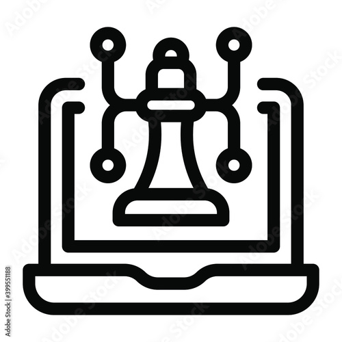 
Chess pawn on laptop with nodes, digital strategy icon
