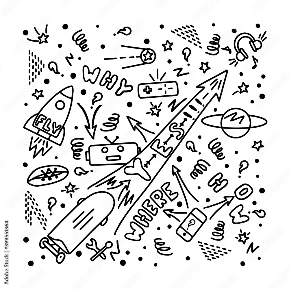 Hand drawn vector composition showing the inner world of children, consisting of questions about the world. Hand drawn vector composition showing the inner world of children, consisting of questions about the world.